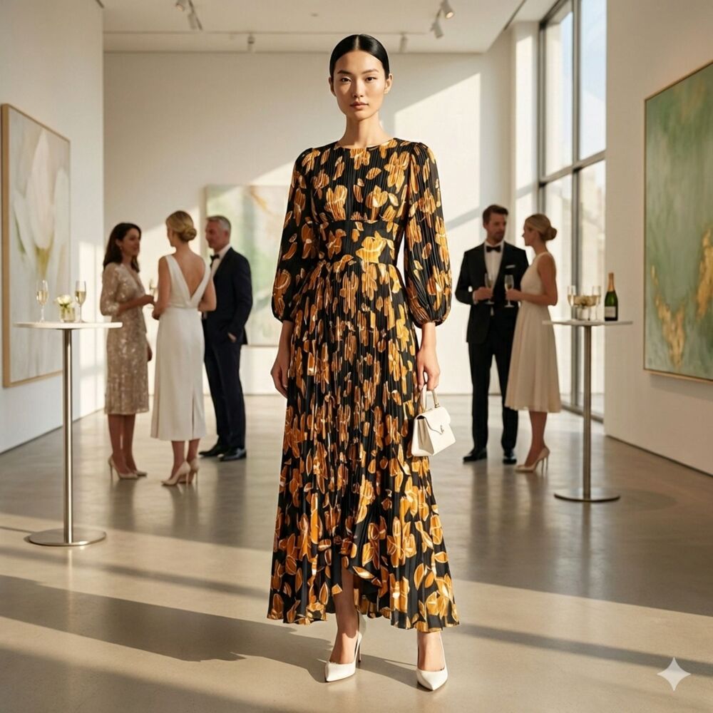 Jonathan Simkhai Black & Gold Floral Ames Midi Dress (8) Pleated Plissé-Satin